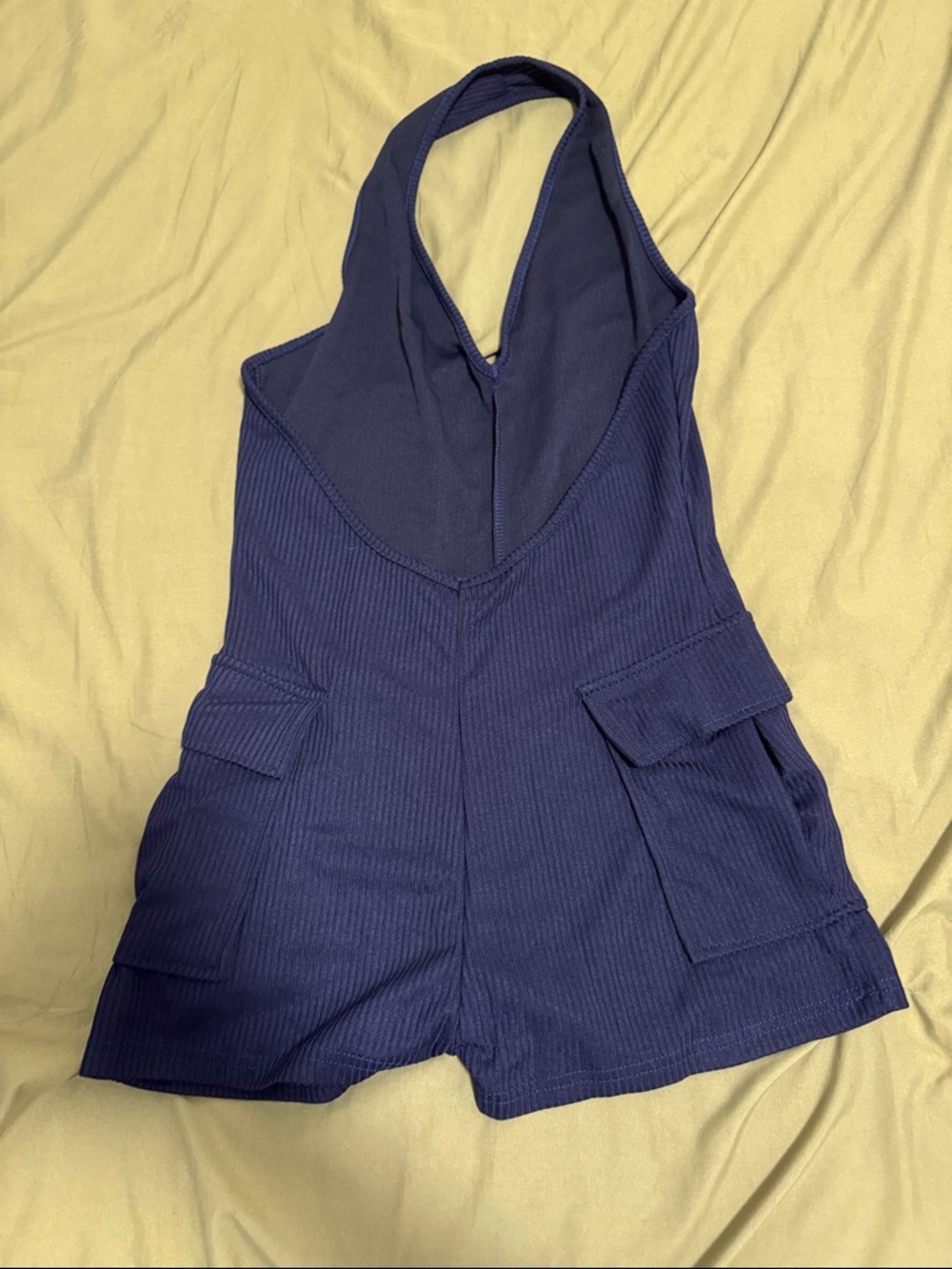 Navy Ribbed Halter Romper with Utility Pockets - Picture 2 of 4